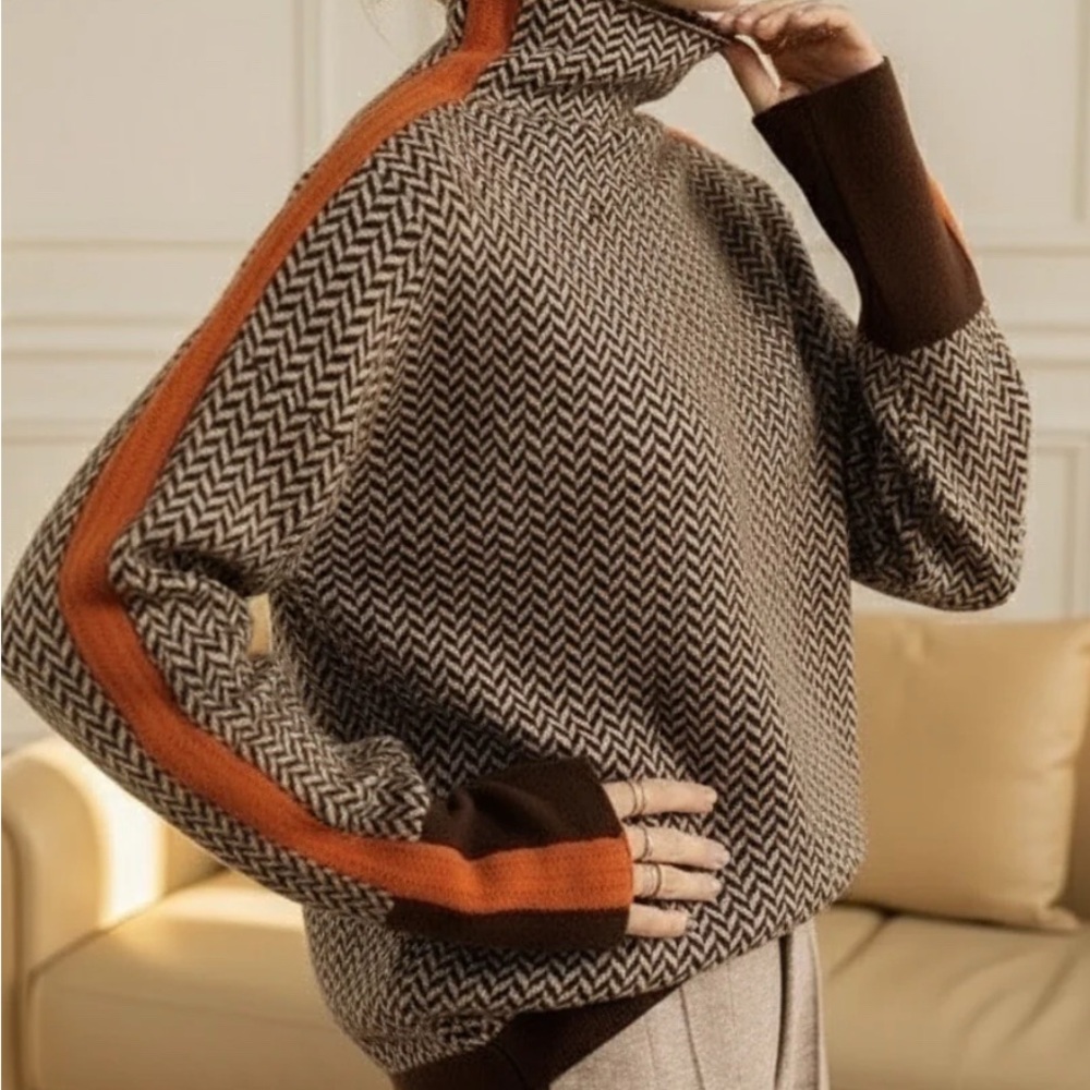 Herringbone stipe knit sweater orange accents never worn new without tag Size sm